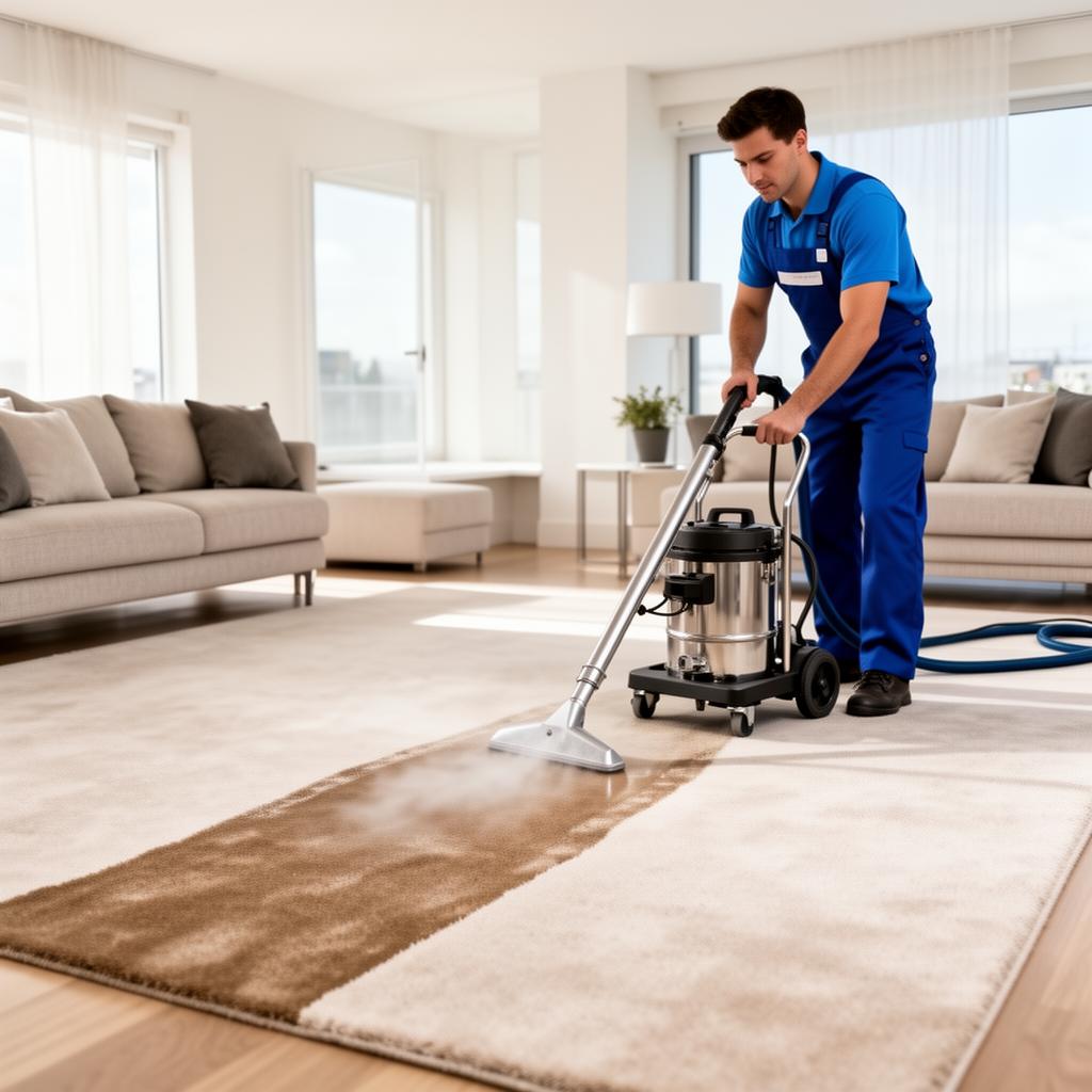 J&M technician deep cleaning a living room carpet with a commercial extractor